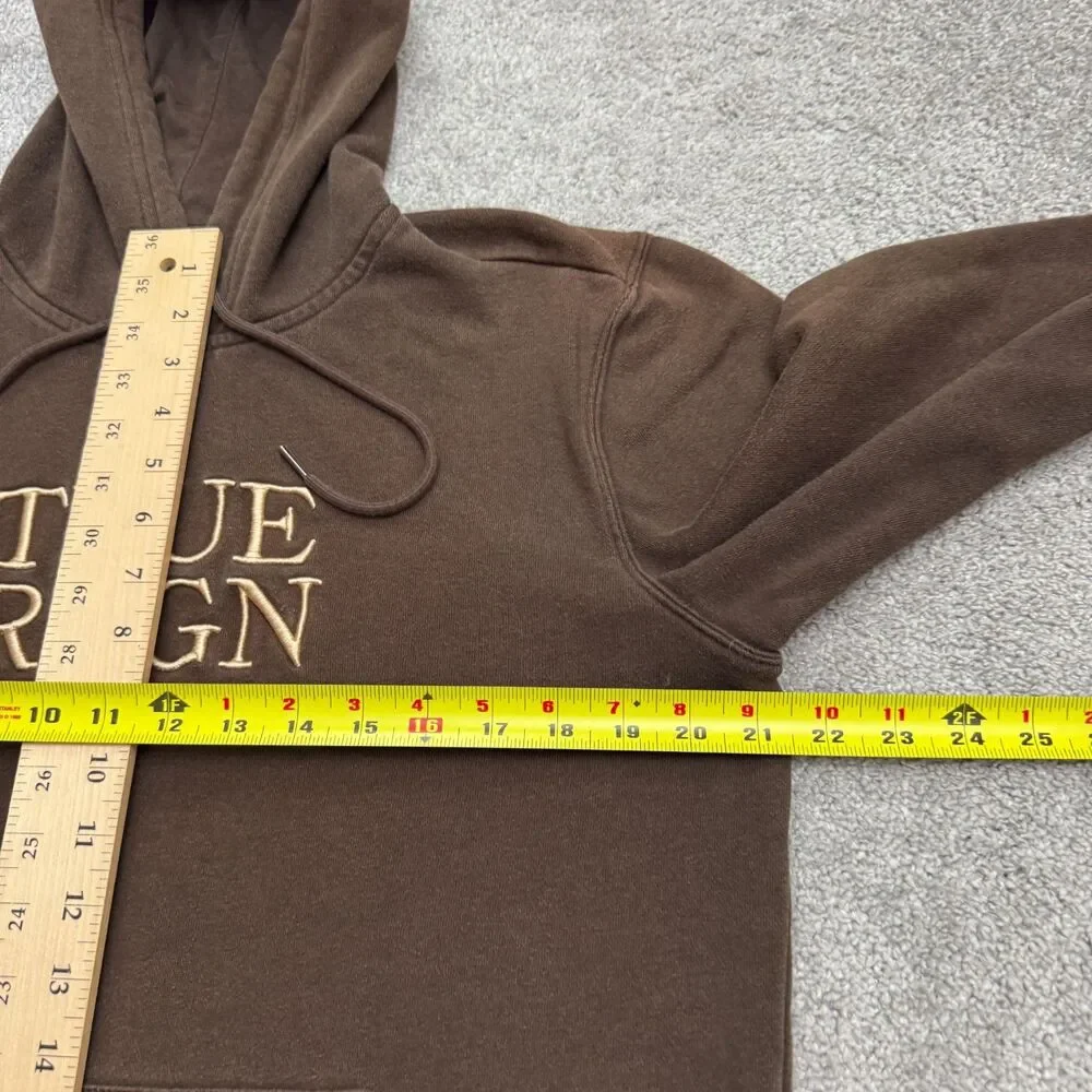 True Religion Hoodie Pullover Sweatshirt Men Small Brown Embroidered Logo Fleece